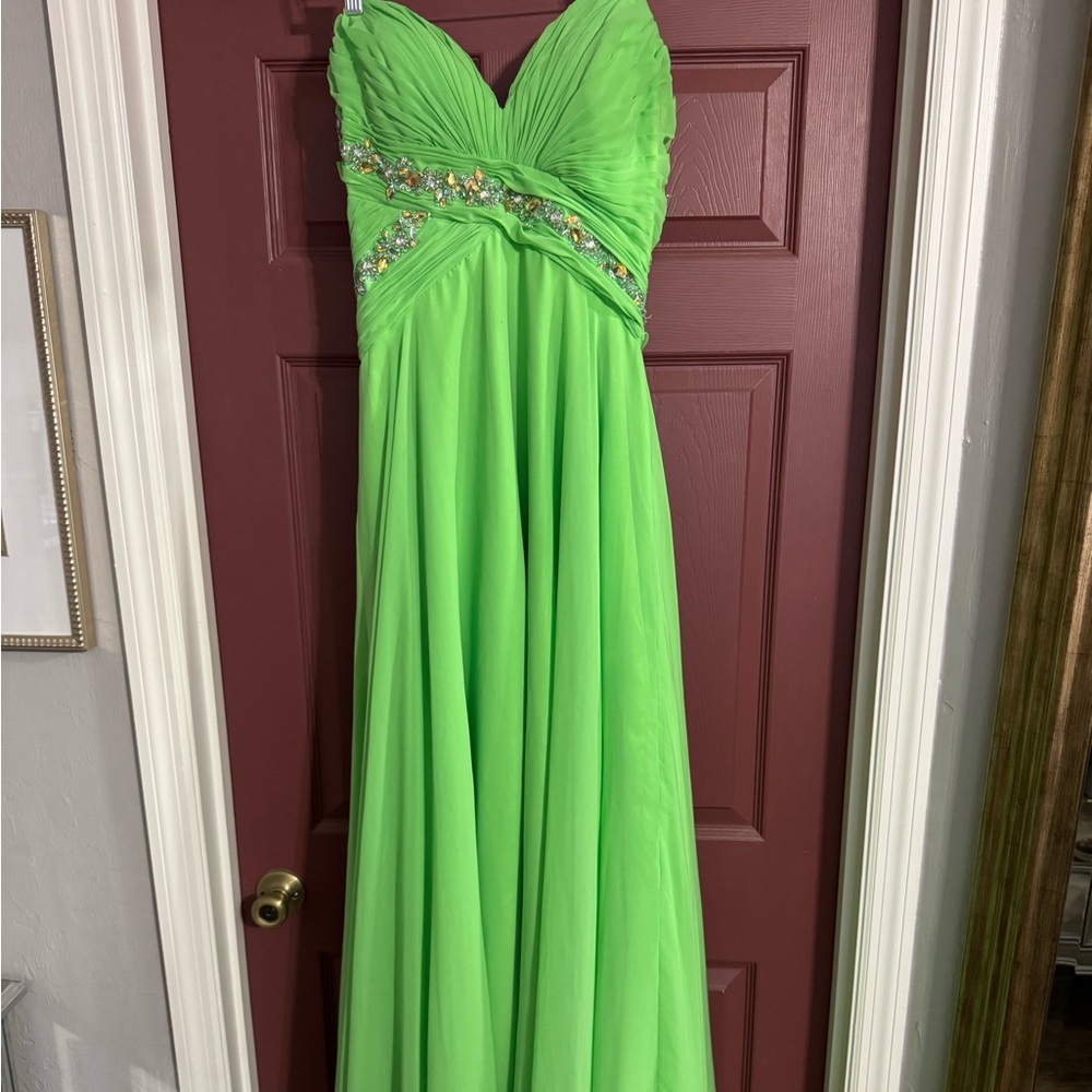 Riva Designs Neon Green Beaded Empire Waist Maxi Dress